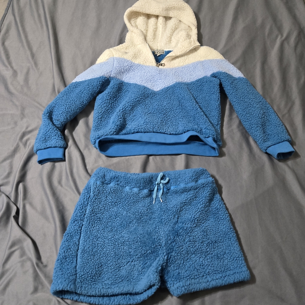 Girl Sherpa 2 Pc Set Shorts and Hooded Top Size M 10 Blue Cream Turquoise Soft